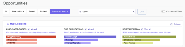 Qwoted 'Opportunities' search page filtered by the keyword 'crypto.' The top section displays a 'Media Insights' box with three main categories: 'Associated Topics,' 'Top Publications,' and 'Relevant Media.' Under 'Associated Topics,' the terms 'Cryptocurrency,' 'Blockchain,' and 'CRYPTO' are highlighted, with 'Cryptocurrency' shown in bold red, indicating higher relevance. Under 'Top Publications,' CoinTelegraph, Benzinga, and Finance Magnates are listed in purple. 'Relevant Media' lists three journalists: Justin Roberti, Christopher Hamman, and Peter Thomas, with color-coded bars indicating their engagement with this topic.